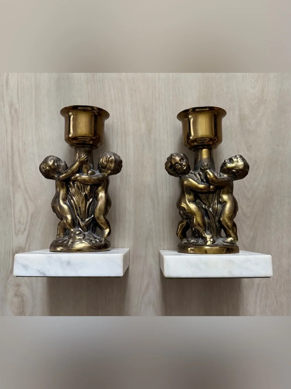 2 Cherub Gold Metal Candle Holder With Marble Base